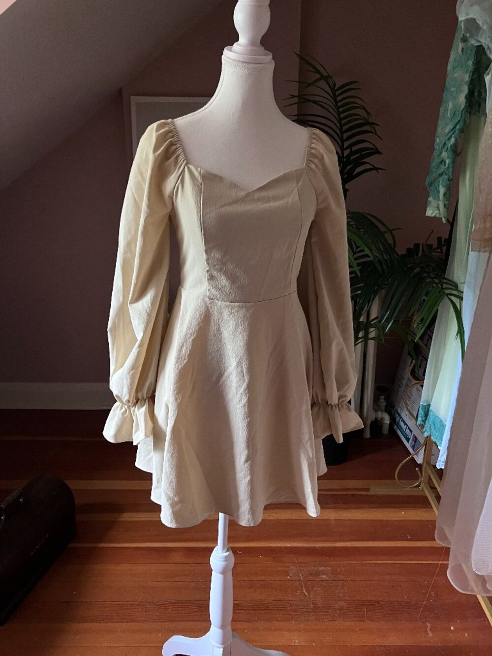 Tan taupe sweetheart neckline long puffy sleeve a line mini dress